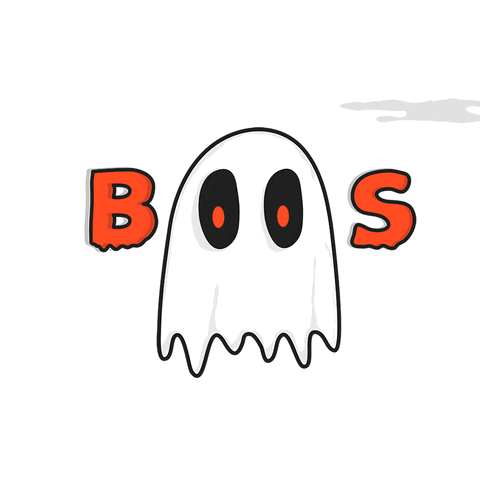 Text gif. Red drippy letters say "Boos," and the O's form the eyes of a white sheet ghost. 