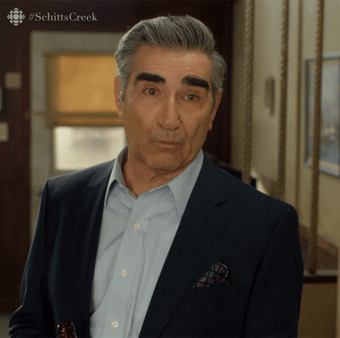 Schitt's Creek gif. Eugene Levy as Johnny nodding and giving us a thumbs up. His impressive eyebrows raise up and down as he flashes us the thumbs up and he says, "Keep up the good work."