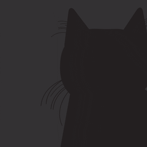 Illustrated gif. A black cat on a gray background slowly opens its green eyes, which scan back and forth and then close again.
