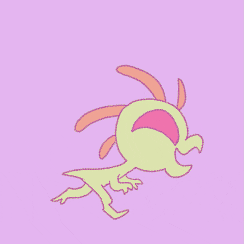 Illustrated gif. Pale yellow dinosaur-like creature walks in place with forearms outstretched while it's beak and eyes open and close in sync with each step.