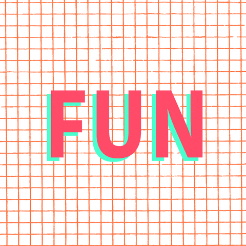 Text gif. Flashing neon orange, teal, and yellow text against a small-square grid reads "Fun."