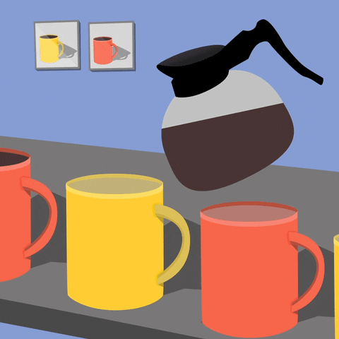 Illustrated gif. Coffee pot pours coffee into a series of red and yellow mugs moving like they're on a conveyor belt.
