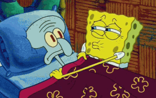 SpongeBob SquarePants gif. SpongeBob tucks Squidward into bed, pulling the blanket up over his shoulders, kissing him on the nose, and smiling sweetly while Squidward looks mildly disgusted.