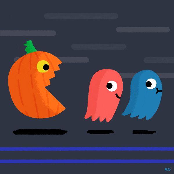 Digital art gif. Chomping jack-o-lantern chases a pink and a blue ghost in a pac-man style video game.