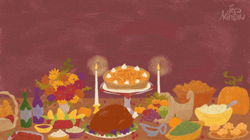 Digital art gif. Two candles glow on a decadent Thanksgiving table that includes a cornucopia full of veggies, a roasted turkey, bowls of mashed potatoes and stuffing, a basket of bread, bottles of wine, and a pumpkin pie that says, “We get together with gratitude.”