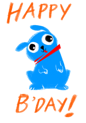 Illustrated gif. Blue dog with its paws up and tongue hanging out wags its head back and forth, letting its ears sway as they please. Text, "Happy Birthday!"