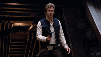 Star Wars gif. Harrison Ford as Han Solo stands in front of an entry way with his gun drawn, then widens his eyes and shrugs in indifference.