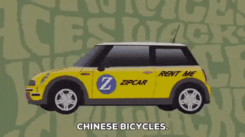 South Park gif. Yellow Zipcar drives on screen, then zooms off ahead of a yellow taxi with a driver clutching the wheel. Finally, we cut to a red hummer whose driver smiles at us. Text, "Chinese bicycles. Maneuvering for a position is a standard taxicab driven by an angry Russian. Right behind is a Hummer salesman in his 2014 Hummer no class."