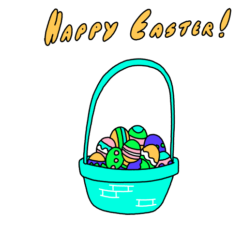 Kreslený gif s nápisem Happy Easter a proutěným košíkem s malovanými vajíčky, z nichž jedno s kuřecíma nožkama vyskakuje a utíká pryč. 