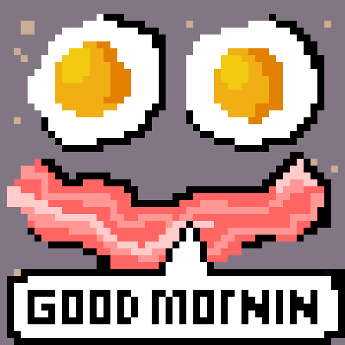 Digital art gif. A pixelated face made out of eggs and bacon quivers on a pan and it says, "Good mornin'."