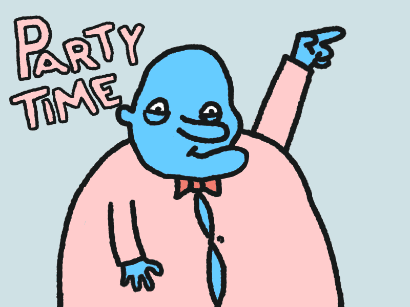 Kreslený pohyblivý obrázek s modrým plešatým mužem a nápisem "Party time". 