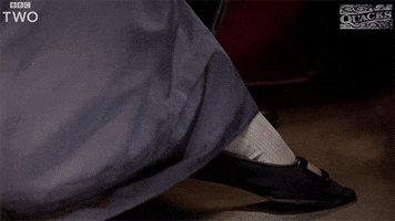 TV gif. Lydia Leonard as Caroline in Quacks pulls up her dress, exposing her stockinged ankle, smiling eagerly at Matthew Baynton as William who hastily bends down to kiss her ankle.