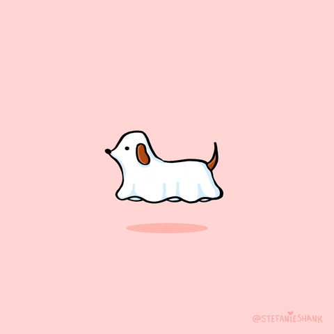 Illustrated gif. Cute ghost dog draped in white floats effortlessly over a pink background, wagging its tail.