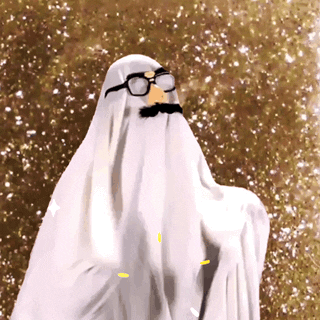 Video gif. A person in a ghost costume dances and wears a fake nose, mustache, and glasses, swinging its arms around and rocking back and forth over sparkles. 