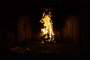 Video gif. Flames dance in fireplace in a cozy, darkly lit room.