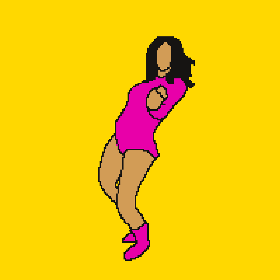 Kreslený pohyblivý gif s tancující ženou v růžovém body na žlutém pozadí.