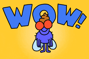 Illustrated gif. Little fly guy has a small pile of poop on his head. The fly gasps and the poop pops off of his head for a moment. Text, “Wow.”