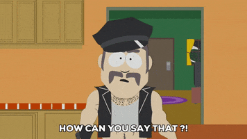 South Park gif. Mr. Slave points his finger at us and shrugs his shoulders inquisitively, saying, "How can you say that?! You're gay too!" which appears as text.