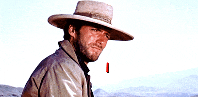 Movie gif. A still photo of Clint Eastwood as The Man With No Name in The Good, The Bad, and The Ugly. Red script spells out "The good" across the bottom of the image.