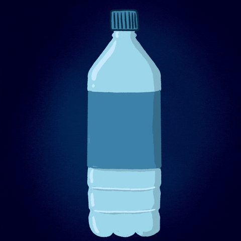 Illustrated gif. A blue water bottle with a white label that reads "Say no to single use." Surrounding the bottle "Nos" appears one by one on either side on loop. 