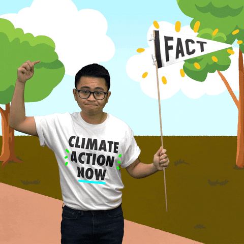 Digital art gif. Man wearing a "climate action now" t-shirt holds a white pennant flag on a stick that reads, "Fact" in all caps. He points with emphasis to the flag, a look on his face that says, "Duh."