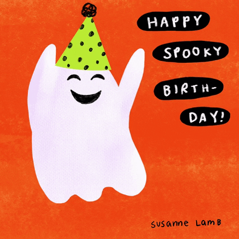 Cartoon gif. Ghost wearing a neon green and black polka-dot birthday hat smiles and waves its arms in the air back and forth against a red background. Text, "Happy spooky birthday."