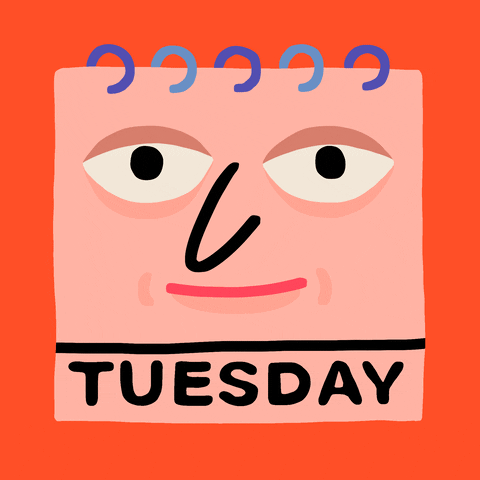 Illustrated gif. Spiral-bound calendar shaped like a person's face, glancing around, reads "Tuesday."
