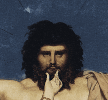 Digital art gif. From Jean August Dominique Ingres’ Jupiter and Thetis, we see the serious face of bearded Jupiter raising his eyebrows as the hand of Thetis rubs his chin, making it appear that he is pondering something.
