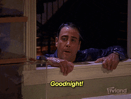 TV gif. Brad Garrett as Robert from Everybody Loves Raymond is soaked from the rain as he clings to a windowsill from outside. He speaks briefly, then falls out of view. Text, "Goodnight!"