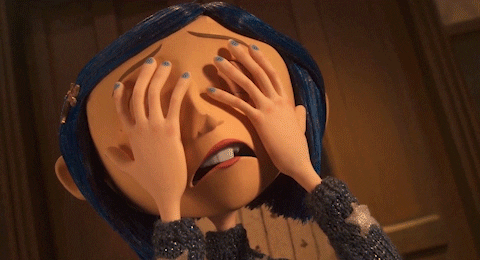 Movie gif. Coraline from the movie Coraline rubs her hands down her face with worry.