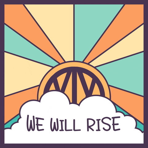 Digital art gif. Sun featuring a “XIX” rises over a fluffy white cloud, shining blue, orange, and yellow rays. Text, “We will rise.”