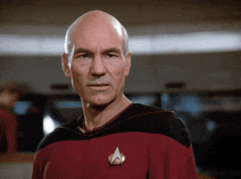 TV gif. Patrick Stewart as Captain Jean-Luc in Star Trek stares unblinkingly. The camera zooms in on him as he says, "Damn."