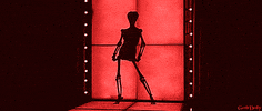 Digital art gif. Silhouette of a sexy skeleton as she dances in front of a red background, stripping off a dress and revealing her hips, ribcage, and skull.