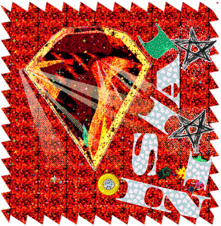 Digital art gif. Flashy, glittery square collage of a big red diamond on a red background, surrounded by multicolored stars, with a stamp-like deckled edge border and blocky text that reads "Jaisini."