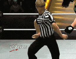 Sports gif. A WWE official avatar swings a rubbery arm around and gives an elongated thumbs up.