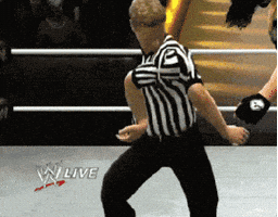 Sports gif. A WWE official avatar swings a rubbery arm around and gives an elongated thumbs up.