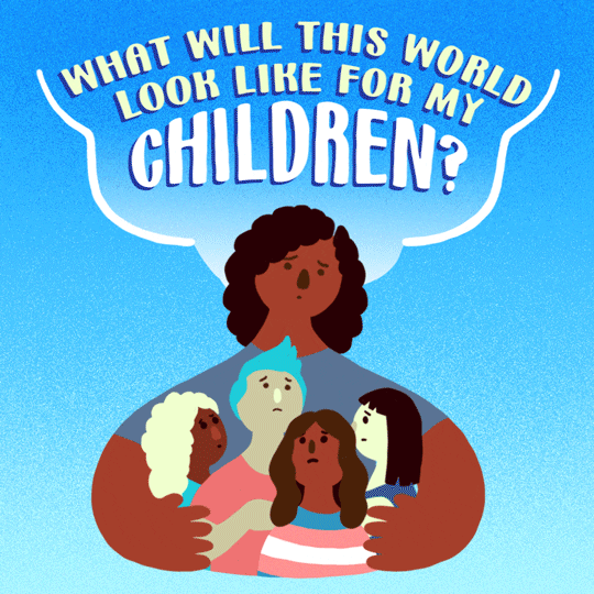 Digital art gif. Worried mother holds four children in her arms against a blue background. Text, “What will this world look like for my children?”