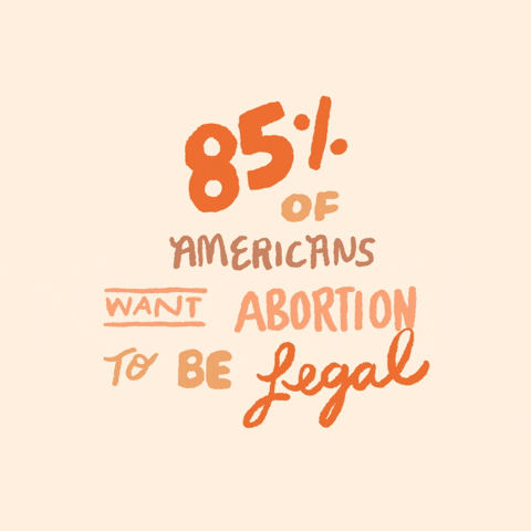 Text gif. Diverse bunch of solidarity fists energetically huddle into formation around the loud message "85% of Americans want abortion to be legal" against a beige background.