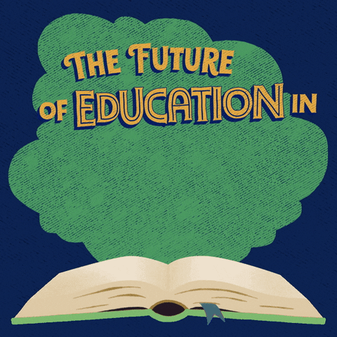 Digital art gif. Light green cloud hovers over an open book against a navy blue background. Text, “The future of education in New Hampshire is on the ballot.”