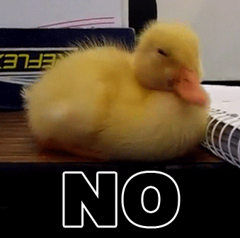 Video gif. A fuzzy yellow duckling shakes its head. In all caps, the text reads, “NO.”