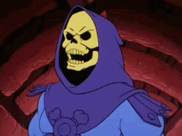 TV gif Skeletor grimaces leans back and punches the air as he screams