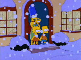 The Simpsons gif. With shocked faces, Marge, Lisa, Bart, and Maggie stand on the front porch as snow accumulates quickly.