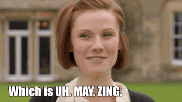 Reality TV gif. Cathryn from The Great British Bake Off declares "Which is uh, may, zing. Really, properly, amazing."