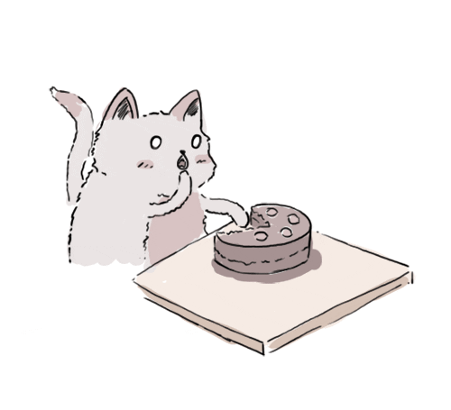 Kreslený gif s šedou kočkou pojídající narozeninový dort. 