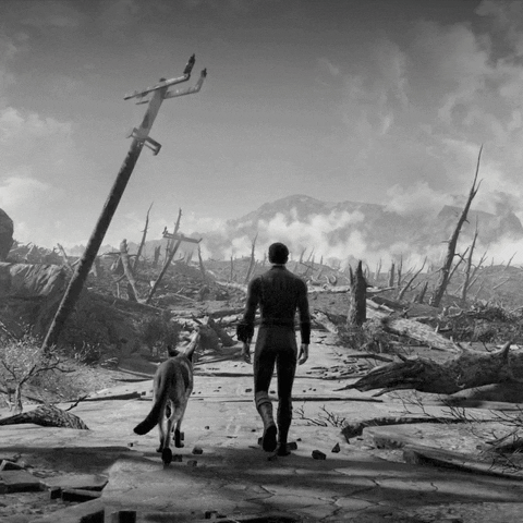 Text gif. White and red block letters read, "War," "has forever changed," over a black-and-white image of a man and his dog walking into a demolished, barren landscape.