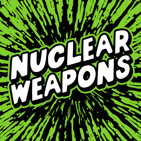 Digital art gif. The words "Nuclear weapons," in large, white and green bubble letters, morph into a cloud of black smoke and then into the word "No," against a green and black moving background.