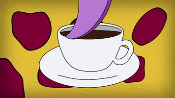 Cartoon gif. Purple tongue or tentacle circles the rim of a white teacup on a saucer in front of a yellow background with pink amoebic shapes.