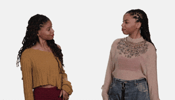 Celebrity gif. Chloe and Halle cock their heads at each other and high five before nodding and sending one another a thumbs up. They are the picture of teamwork.