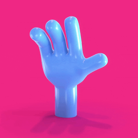Illustrated gif. Three-dimensional, powder-blue, four-fingered hand waves, flopping backward and forward like it's made of gelatin, against a hot pink background.