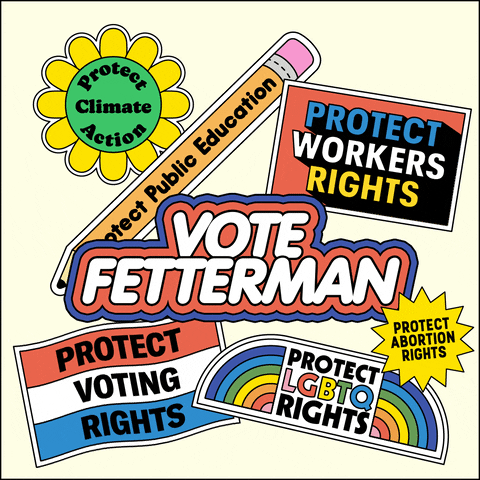 Digital art gif. Collection of stickers on a white background, brightly colored and full of energy, a flexing daisy that reads "protect climate action," a bobbing pencil that reads "protect public education," a waving flag that reads "protect voting rights," an oscillating marquee that reads "protect workers rights," a twirling dodecagram that reads "protect abortion rights," an oscillating rainbow that reads "protect LGBTQ rights," and front and center, a flashing neon sign that reads "Vote Fetterman."